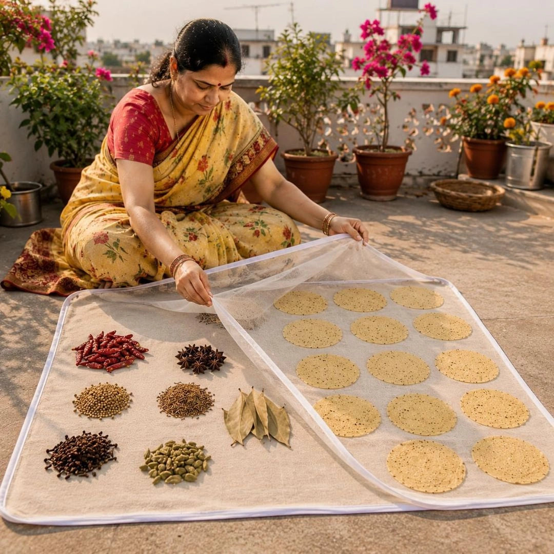 Food drying net with zip hanging outdoors